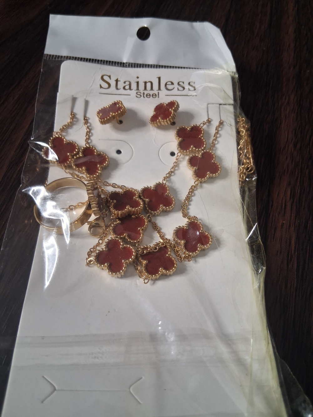 Gold-Tone Necklace & Earring Set with Red Clover Accents